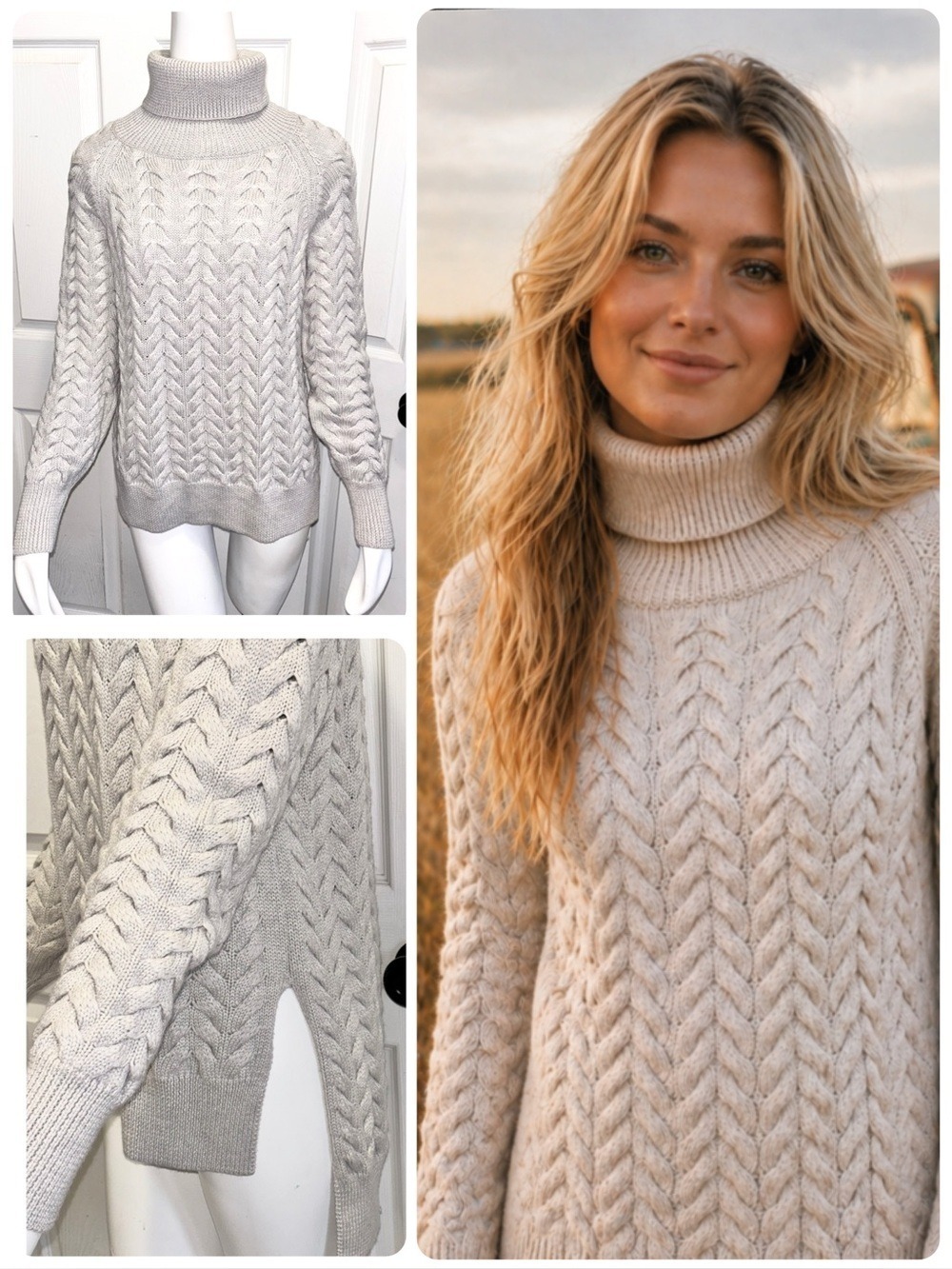 Aritzia Wilfred Free Sweater 100% Wool Cable Knit Turtleneck Split Hem Sz Small